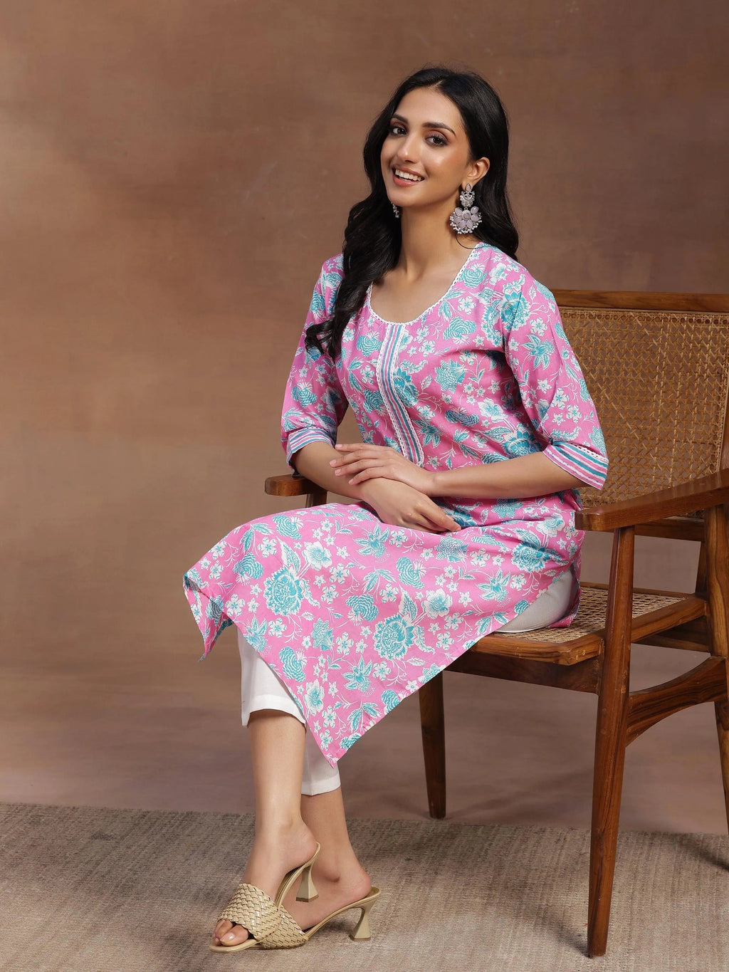 Libas Pink Printed Cotton Straight Kurta