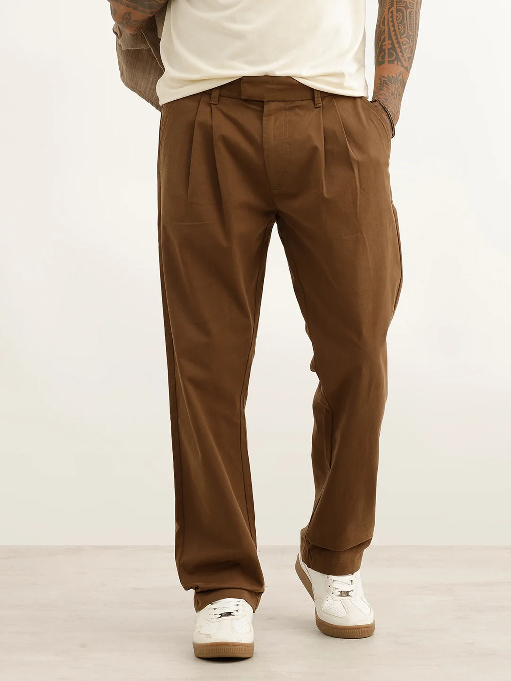 Solid Anti Fit Double Pleated Trouser | Brown