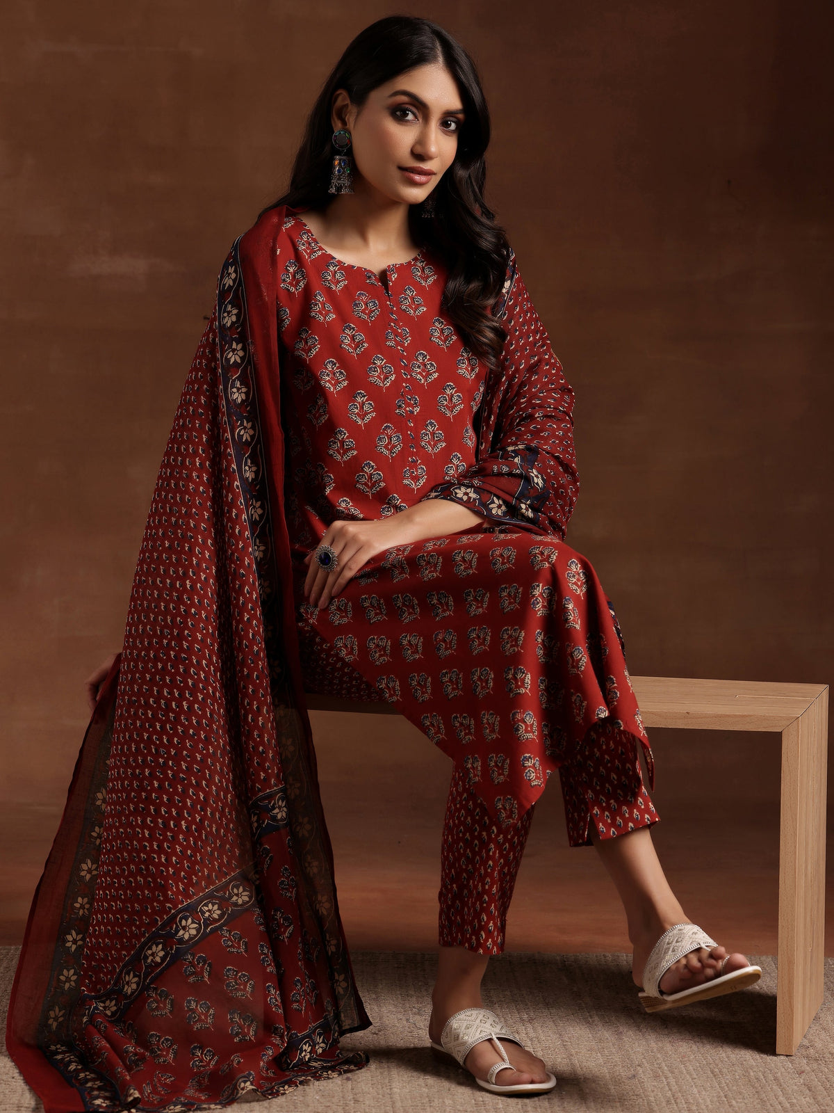 Libas Rust Printed Cotton Straight Suit With Dupatta