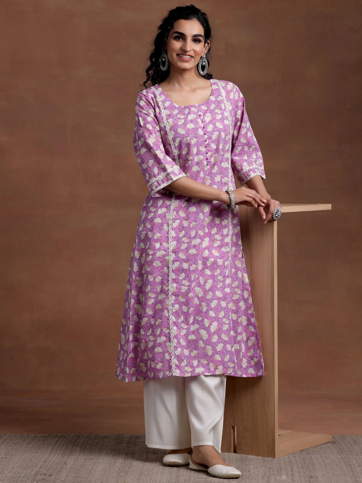 Libas Purple Printed Cotton A-Line Kurta