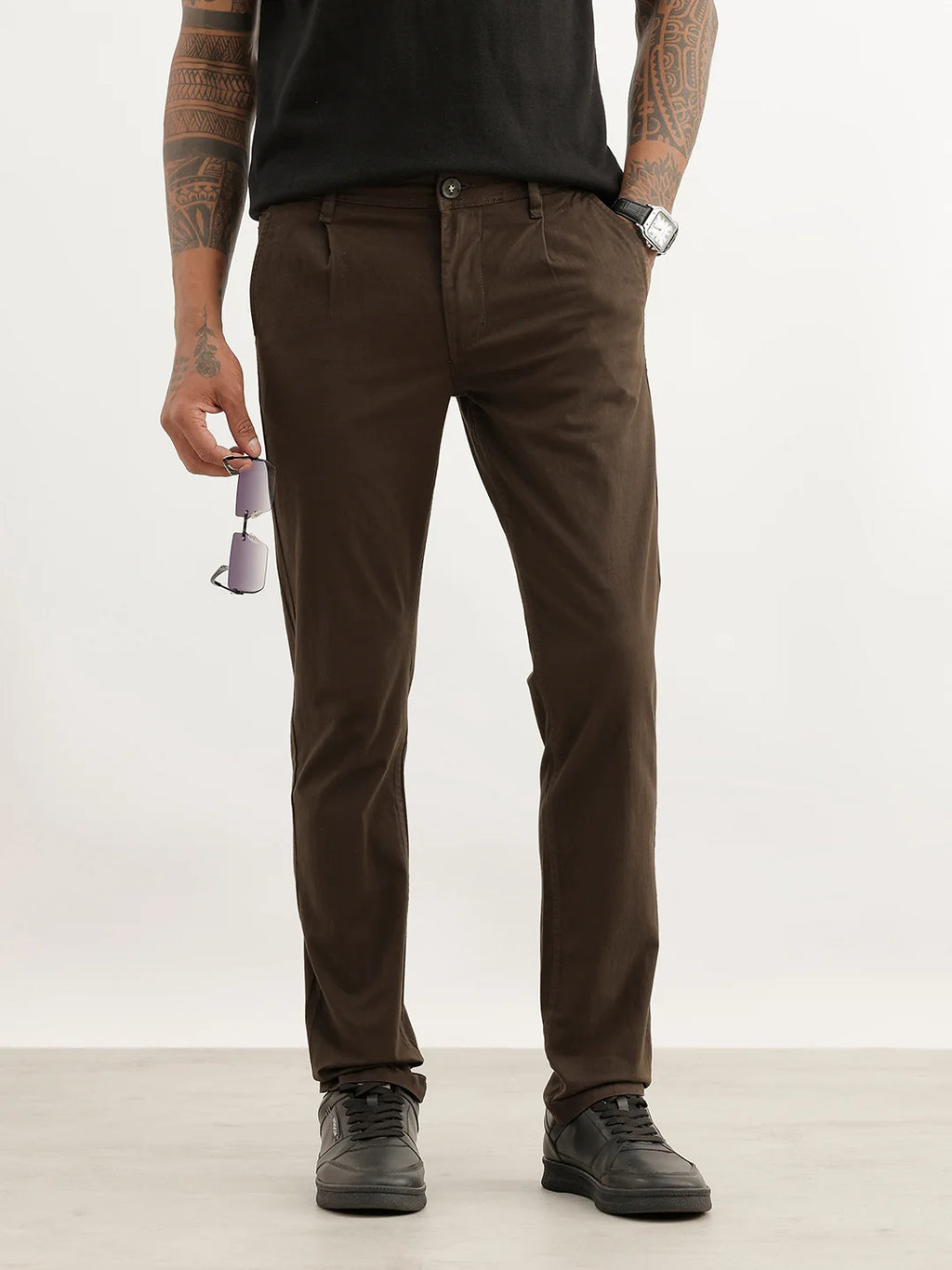 Solid Slim Fit Pleated Trouser | Olive