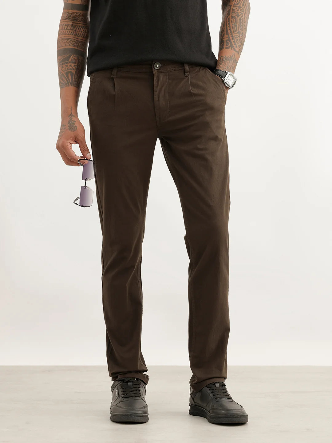 Solid Slim Fit Pleated Trouser | Olive