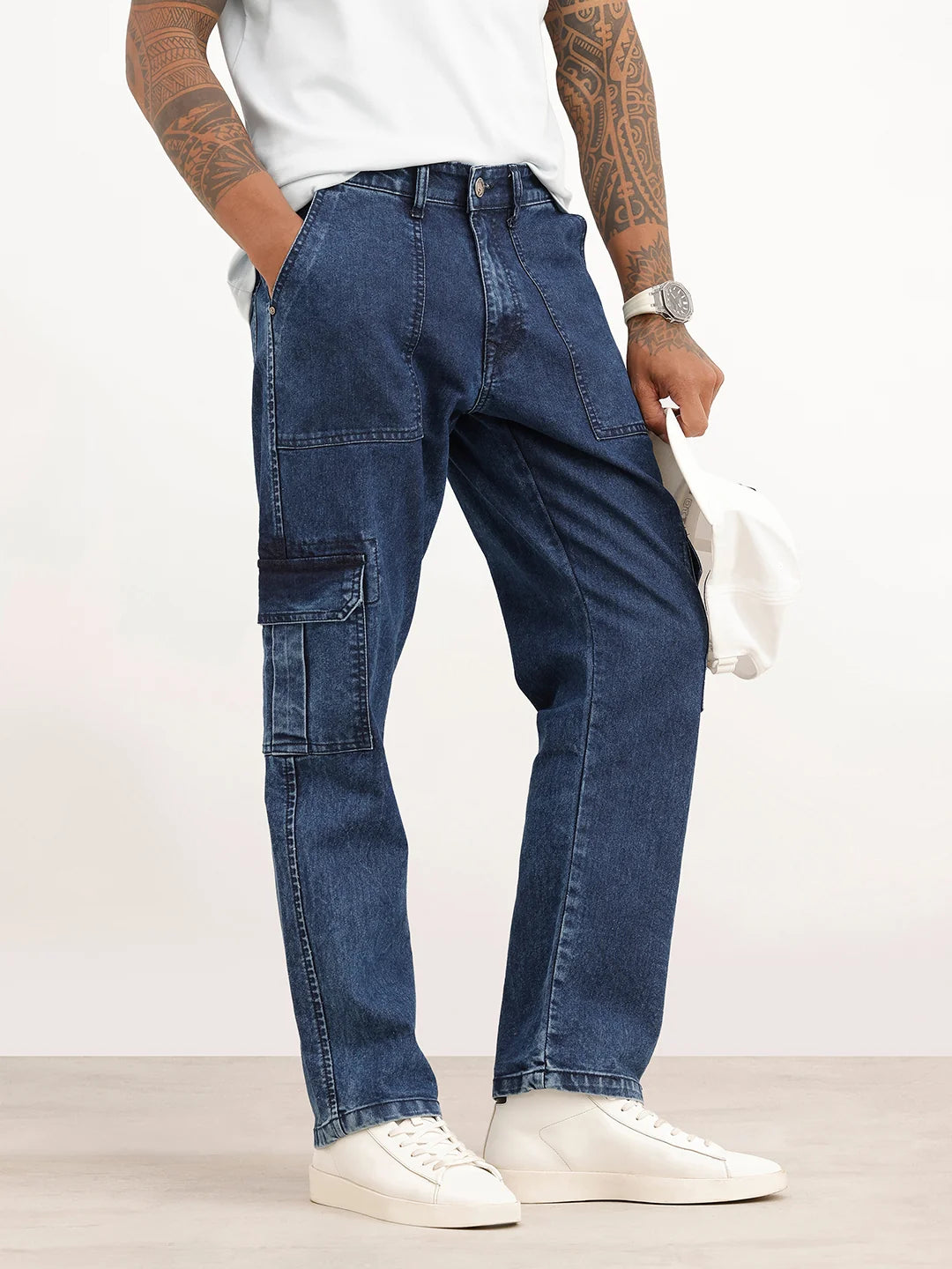 Solid Cargo Fit Denim Jeans | Blue