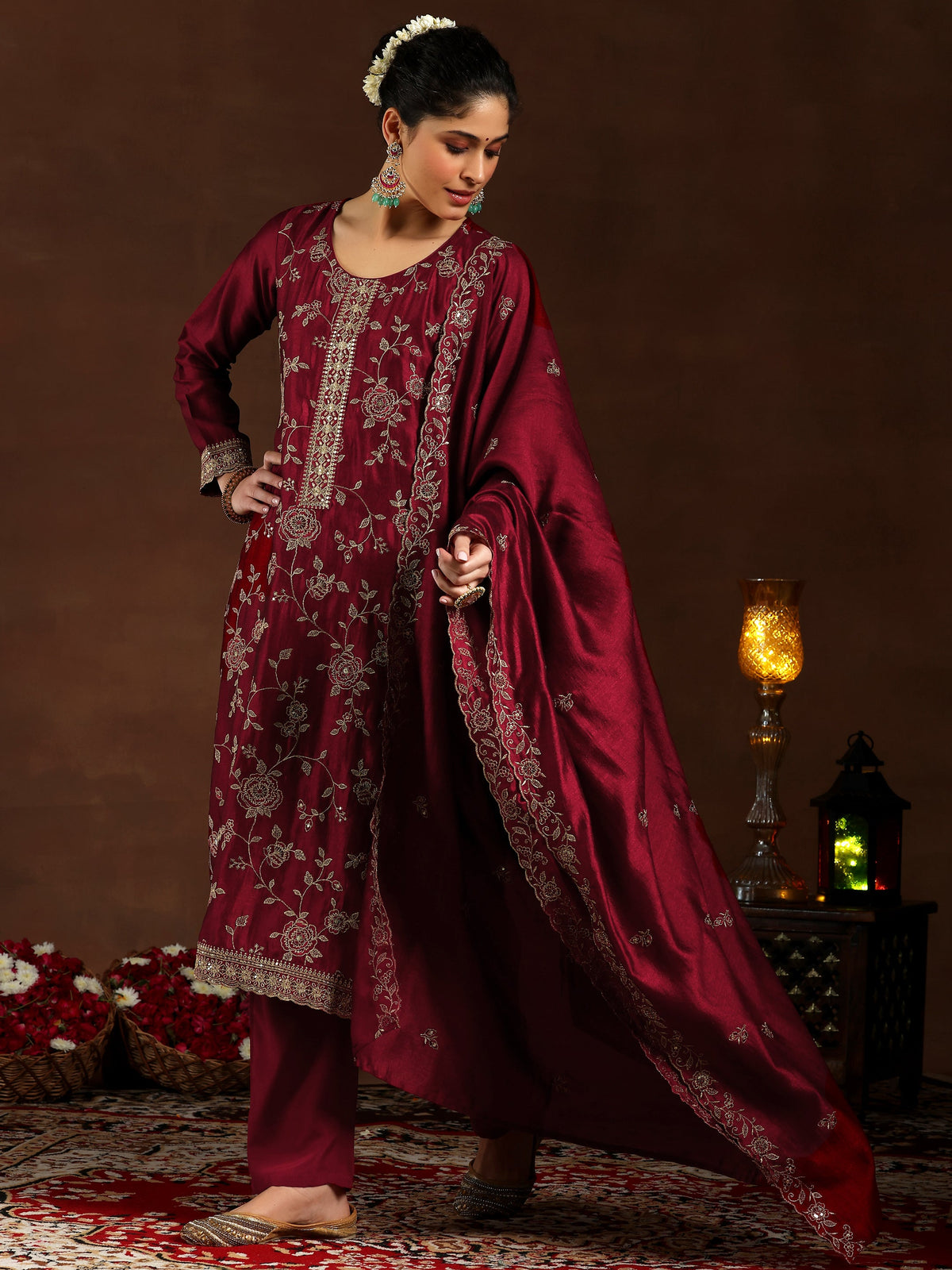 Libas Maroon Embroidered Silk Blend Straight Suit With Dupatta