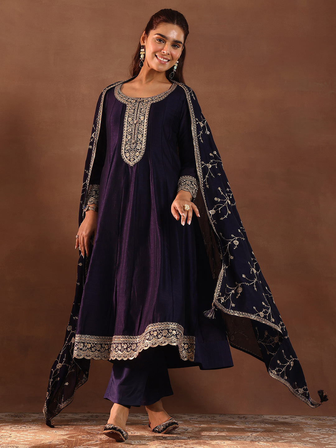 Libas Purple Embroidered Silk Blend Anarkali Suit With Dupatta