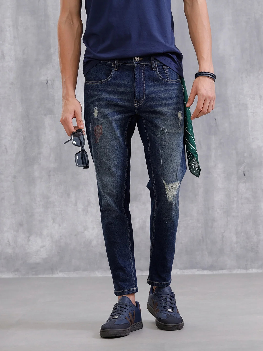 Solid Skinny Crop Distressed Jeans | Blue
