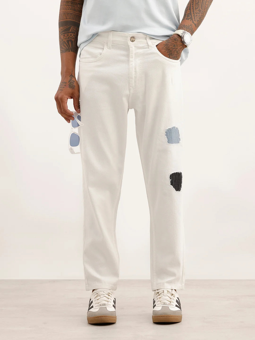 Classic Distressed Patch Detail Denim Jeans | White