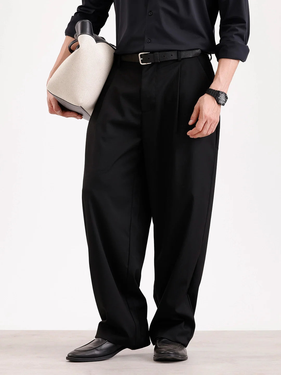 Baggy Fit Pleated Trouser | Black