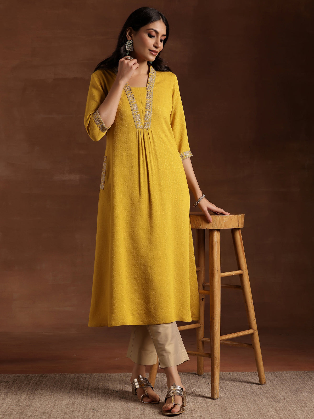 Libas Yellow Yoke Design Silk A-Line Kurta