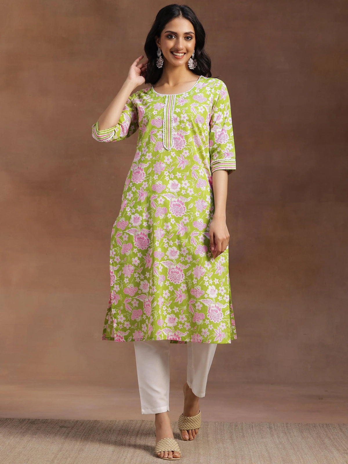 Libas Green Printed Cotton Straight Kurta