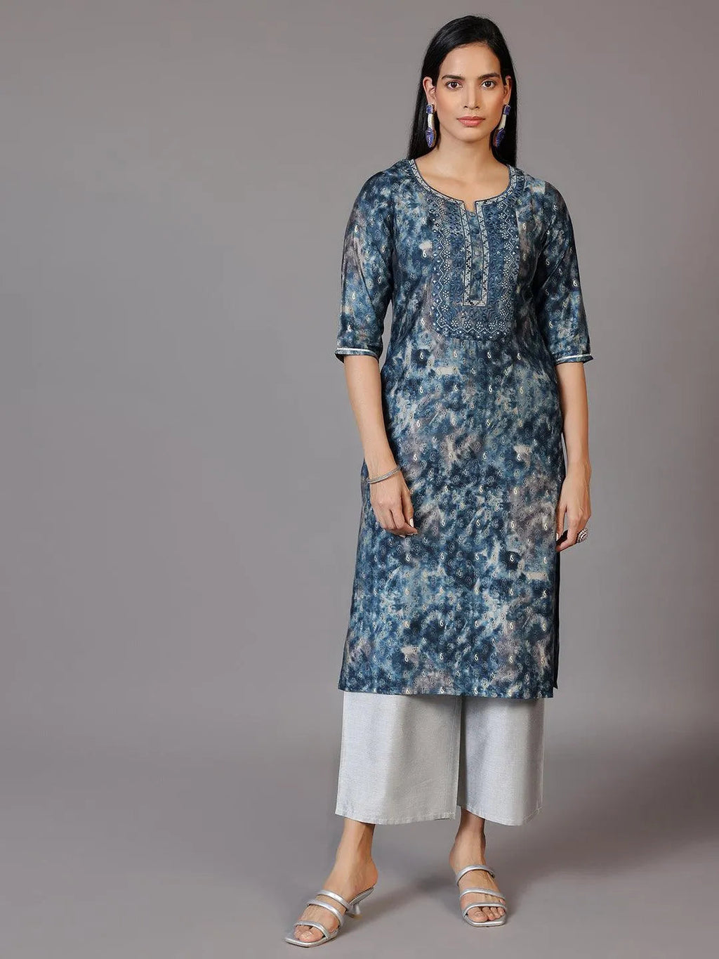 Libas Navy Blue Yoke Design Silk Straight Kurta