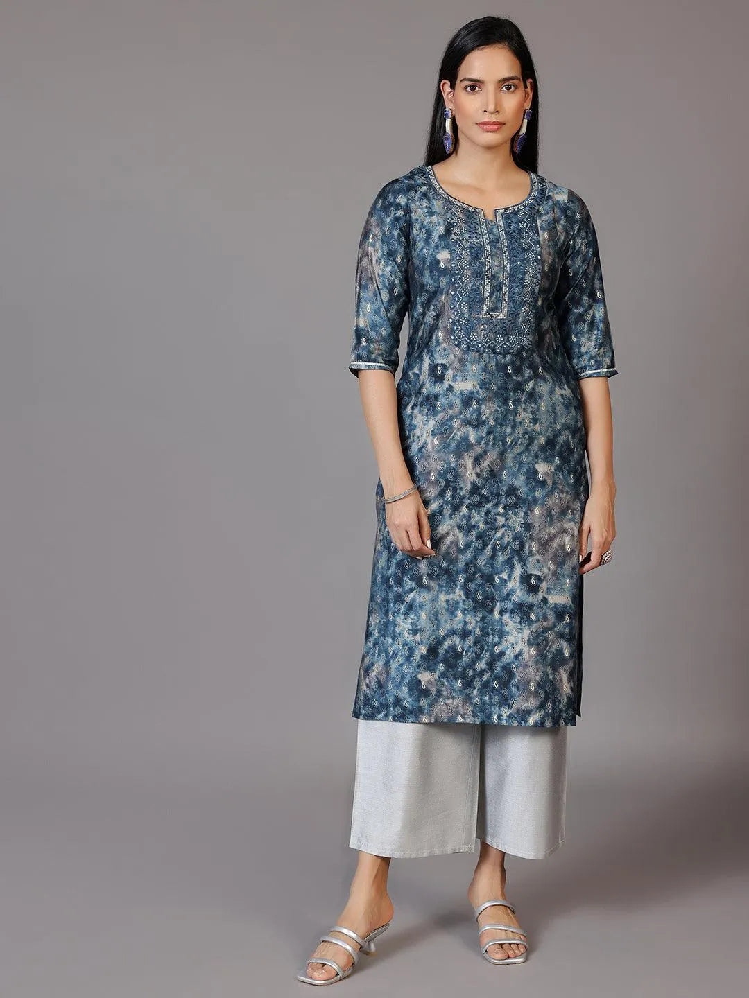 Libas Navy Blue Yoke Design Silk Straight Kurta