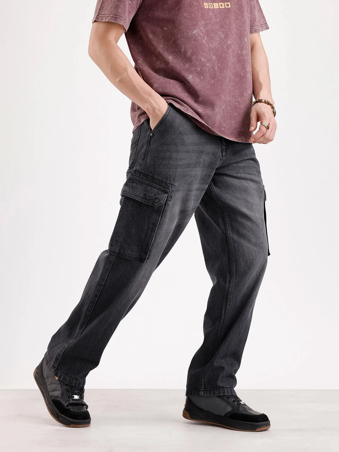 Washed Loose Fit Cargo Denim | Grey