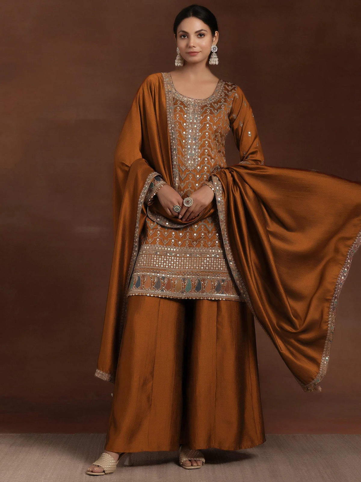 Libas Adaa Rust Embroidered Silk Blend Straight Kurta With Palazzos & Dupatta