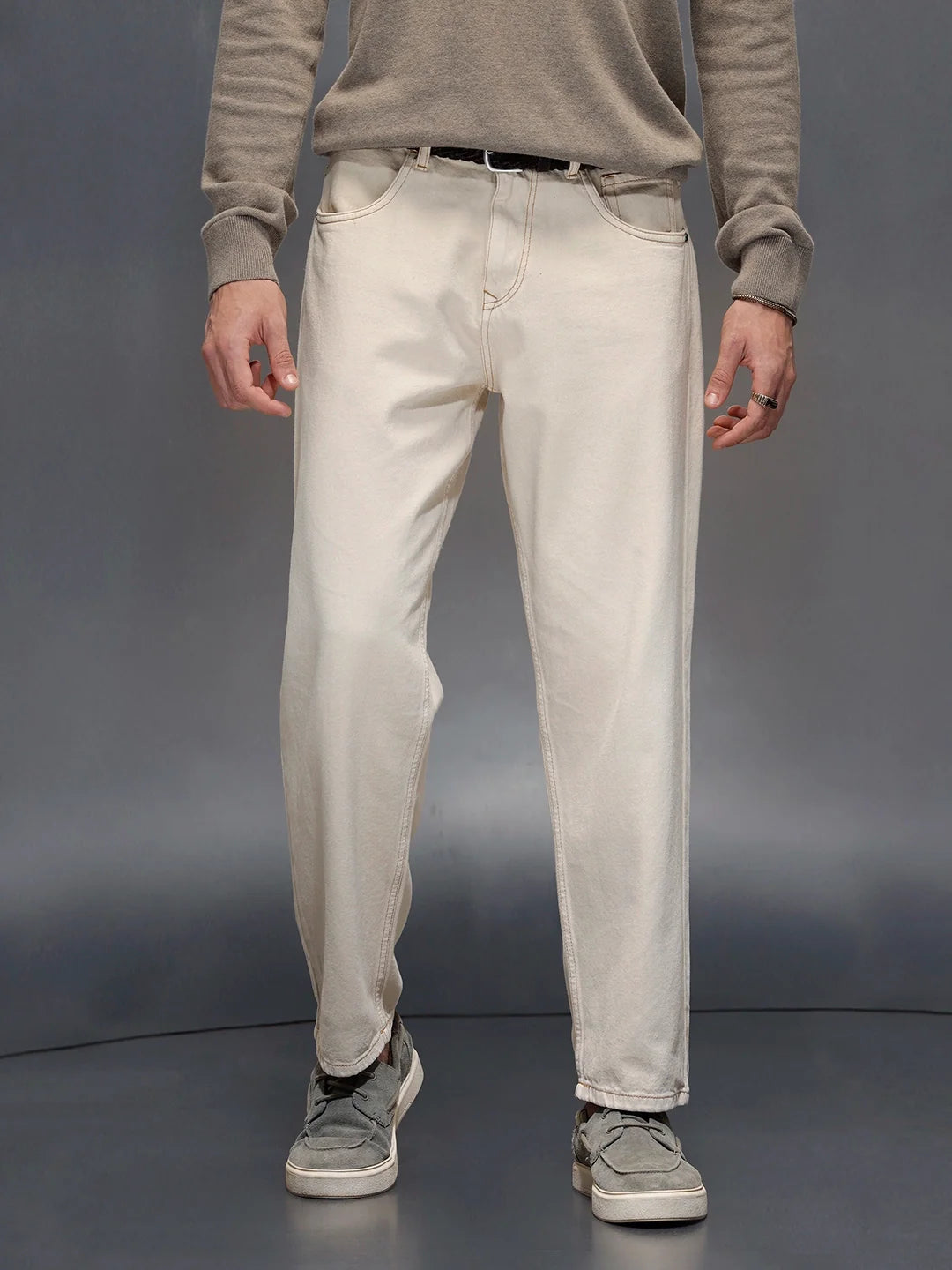 Wrogn Men's Casual Loose Fit Jeans with Contrast Stitch Detail | Khaki
