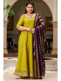 Plus Size Parrot Green Roman Silk Anarkali With Purple Foil Dupatta | FY93 - view 1