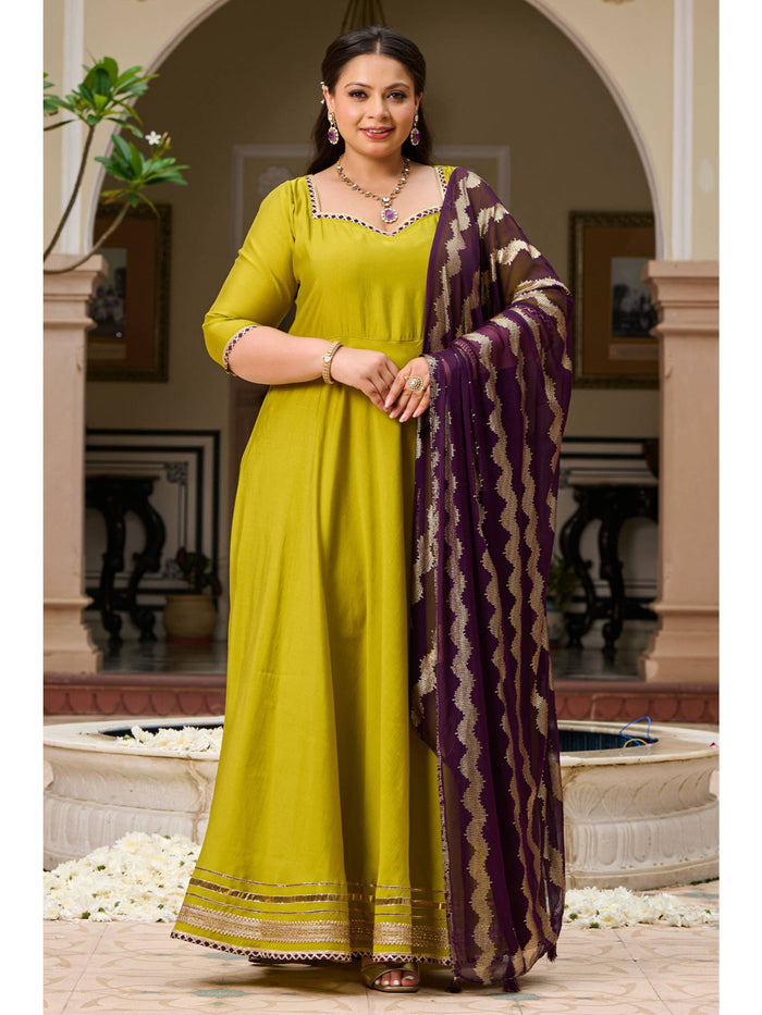 Plus Size Parrot Green Roman Silk Anarkali With Purple Foil Dupatta | FY93 - view 1