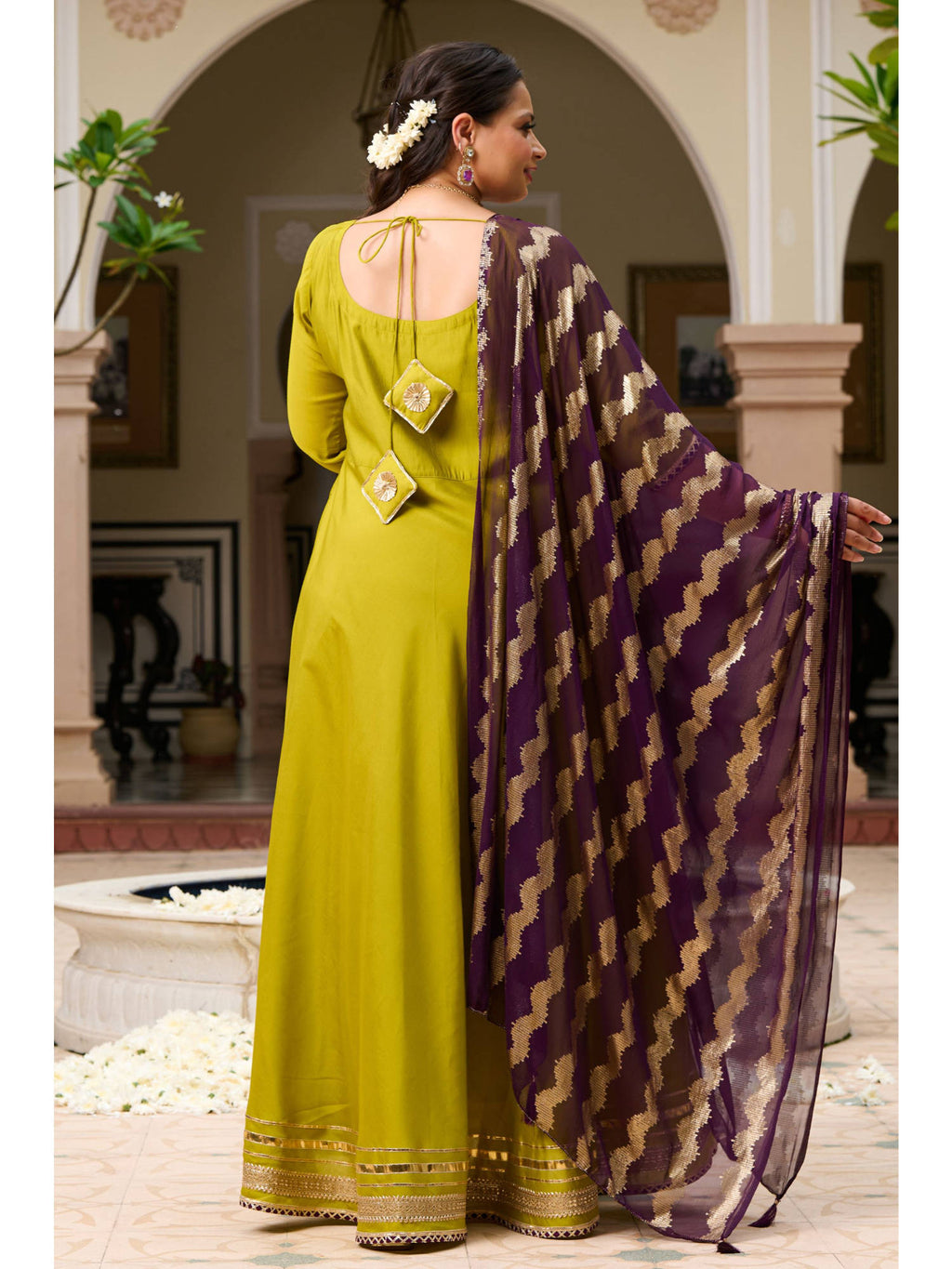 Plus Size Parrot Green Roman Silk Anarkali With Purple Foil Dupatta | FY93 - view 2