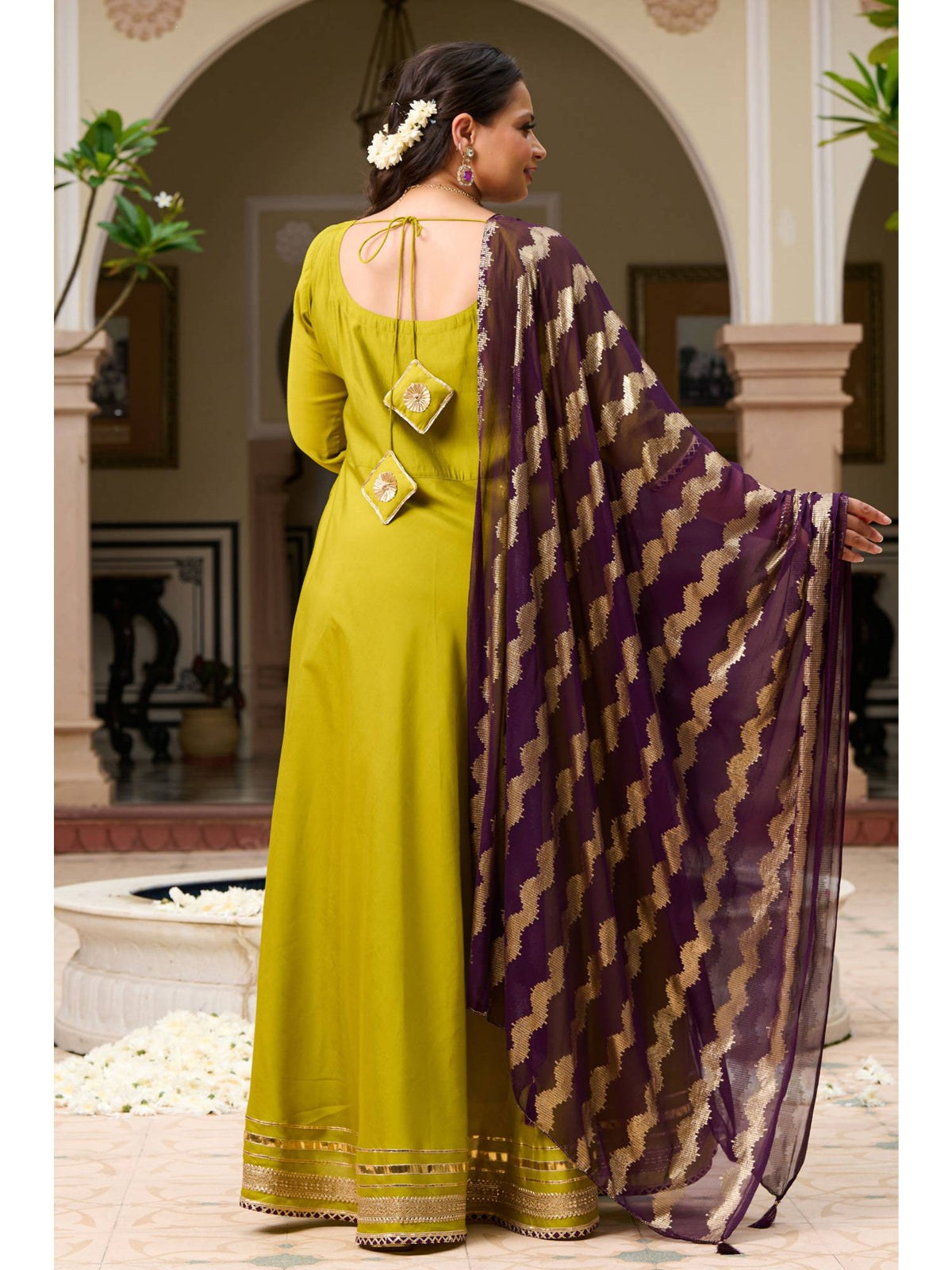 Plus Size Parrot Green Roman Silk Anarkali With Purple Foil Dupatta | FY93 - view 2