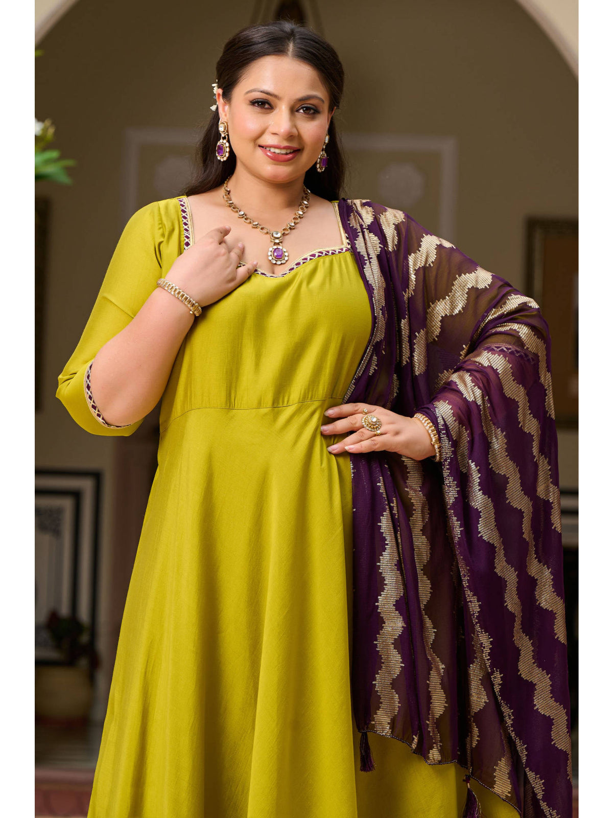 Plus Size Parrot Green Roman Silk Anarkali With Purple Foil Dupatta | FY93 - view 3