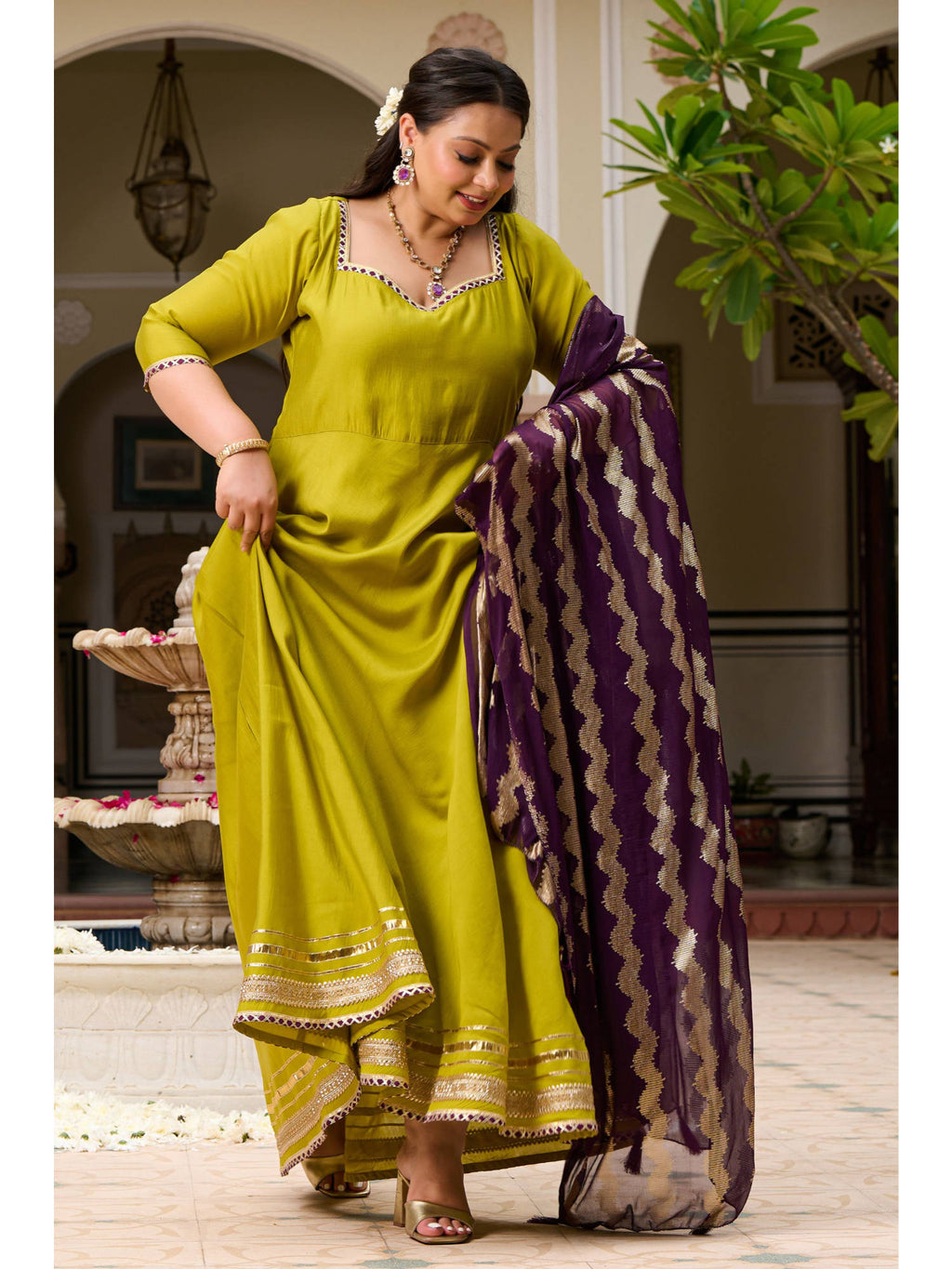 Plus Size Parrot Green Roman Silk Anarkali With Purple Foil Dupatta | FY93 - view 4