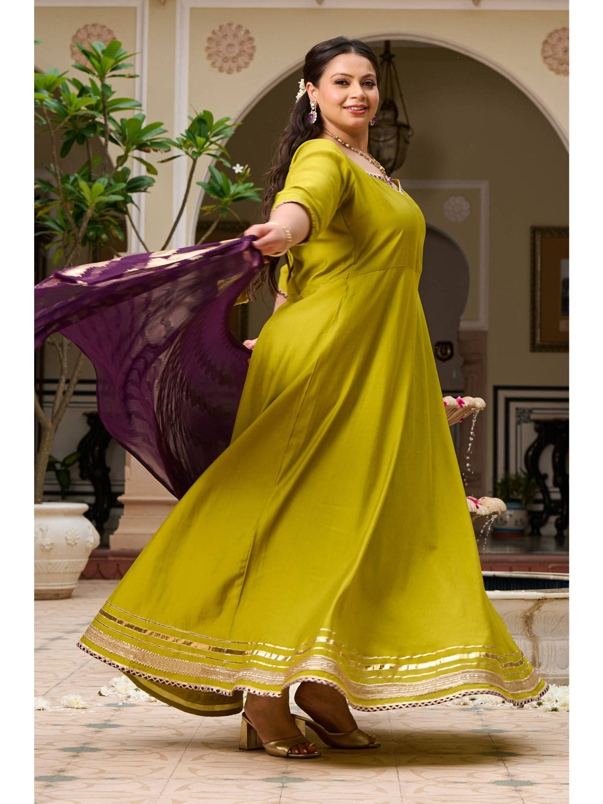 Plus Size Parrot Green Roman Silk Anarkali With Purple Foil Dupatta | FY93 - view 5