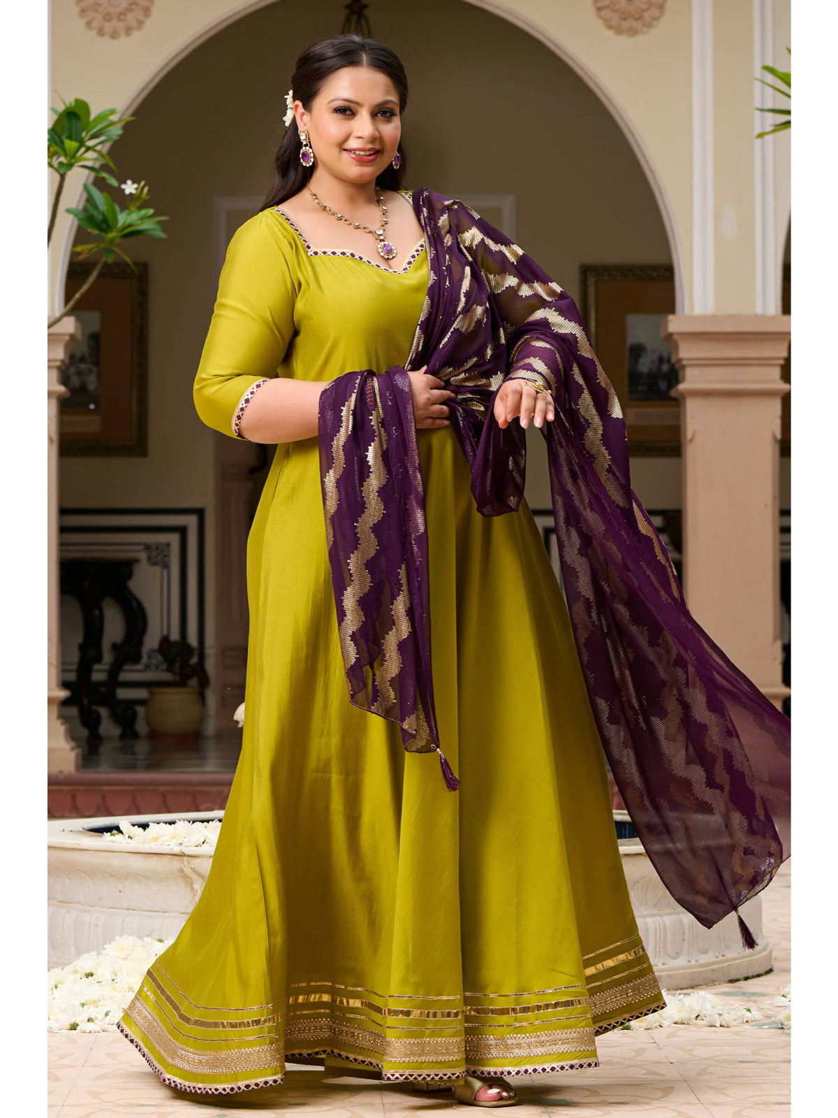 Plus Size Parrot Green Roman Silk Anarkali With Purple Foil Dupatta | FY93 - view 6