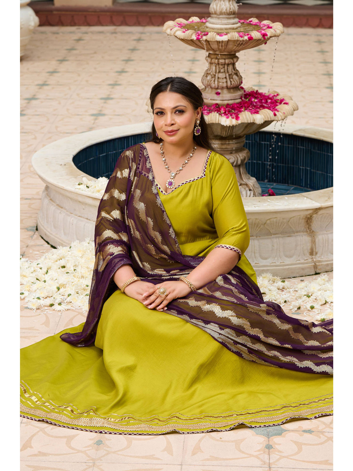 Plus Size Parrot Green Roman Silk Anarkali With Purple Foil Dupatta | FY93 - view 7