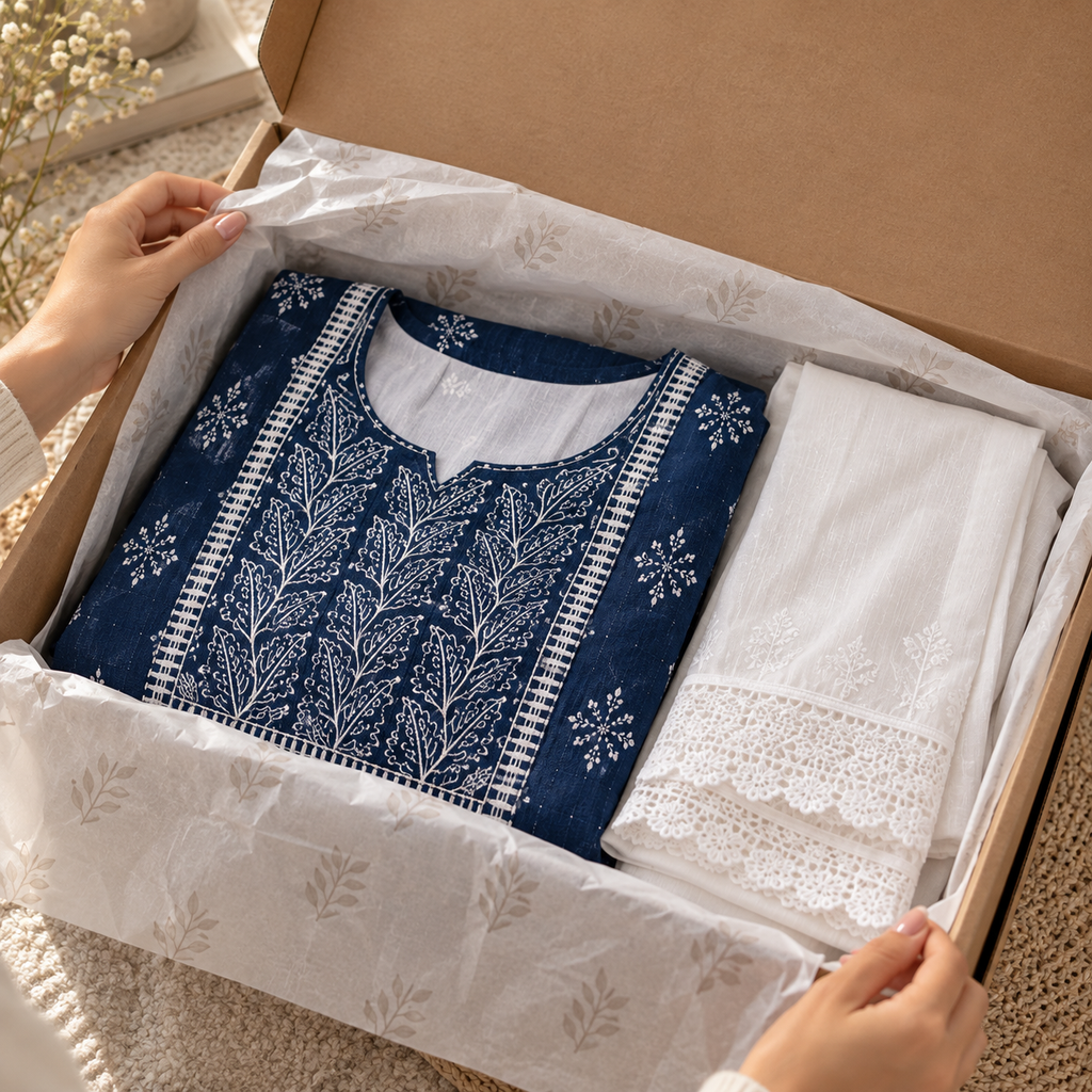 Navy Blue Printed Kurta with White Lace-Trim Palazzo