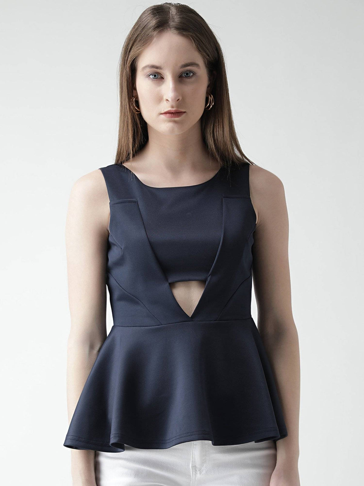 Navy Blue Front Cut Style Scuba Peplum Top | pt51 - view 1