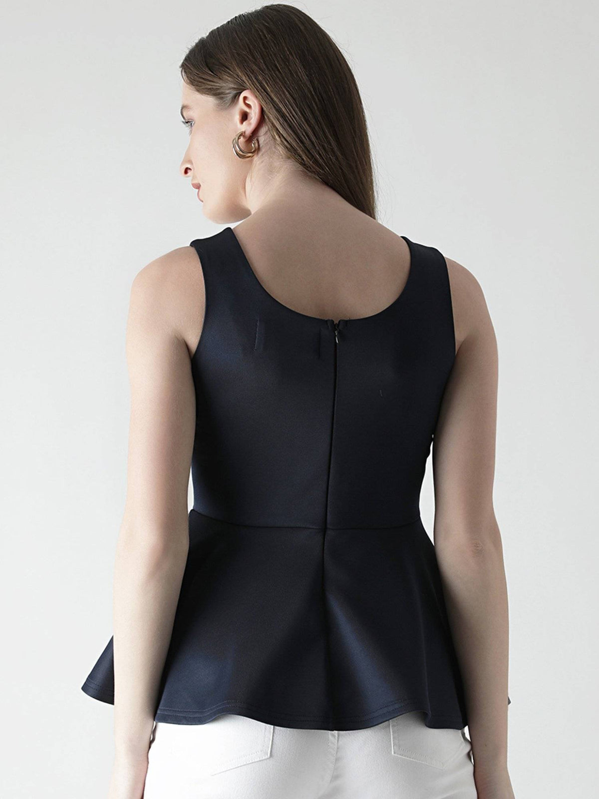 Navy Blue Front Cut Style Scuba Peplum Top | pt51 - view 2