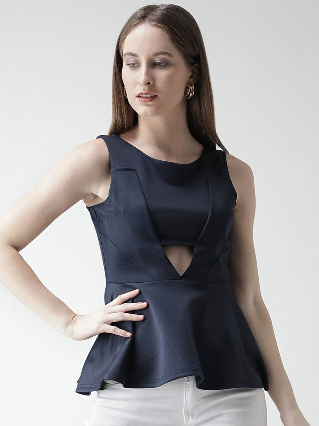 Navy Blue Front Cut Style Scuba Peplum Top | pt51 - view 3