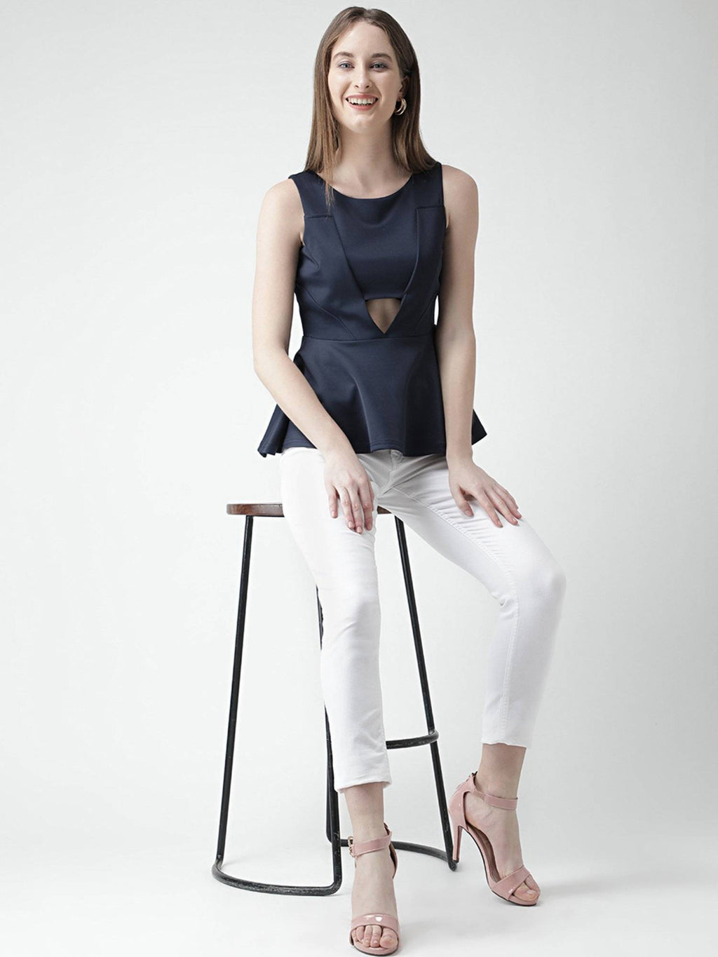 Navy Blue Front Cut Style Scuba Peplum Top | pt51 - view 5