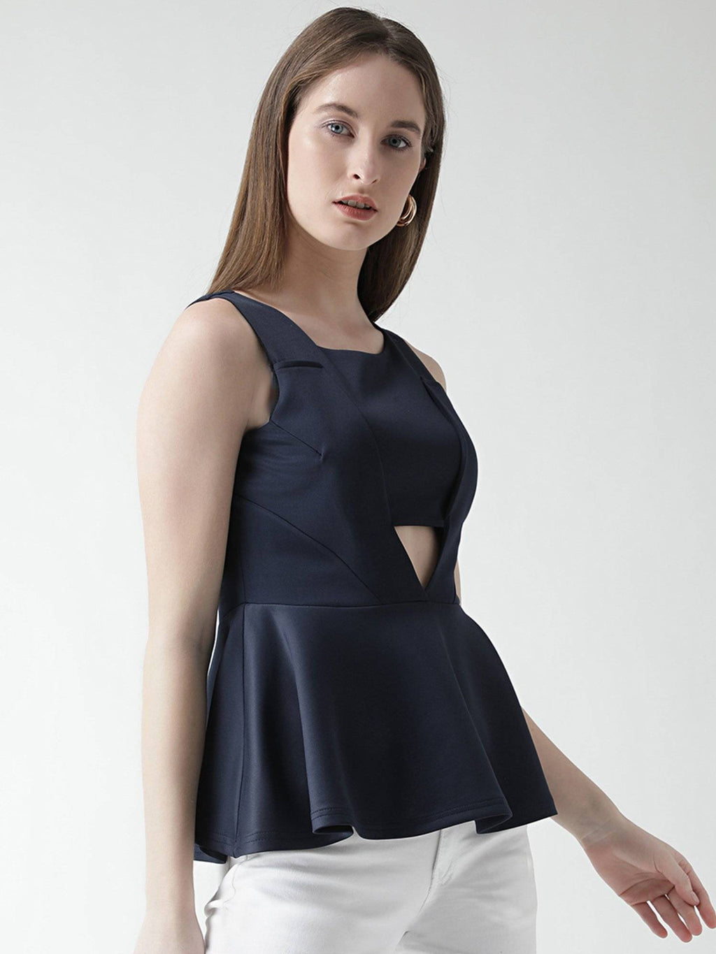 Navy Blue Front Cut Style Scuba Peplum Top | pt51 - view 6