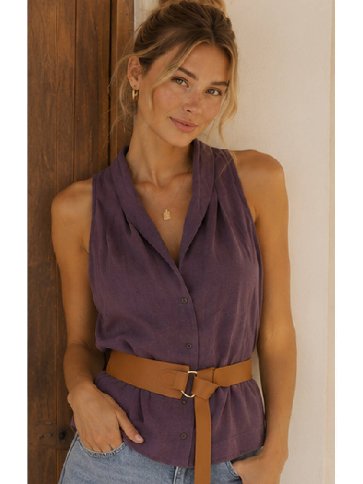 Chile Halter Neck Top With Belt Purple | HT67 - view 1