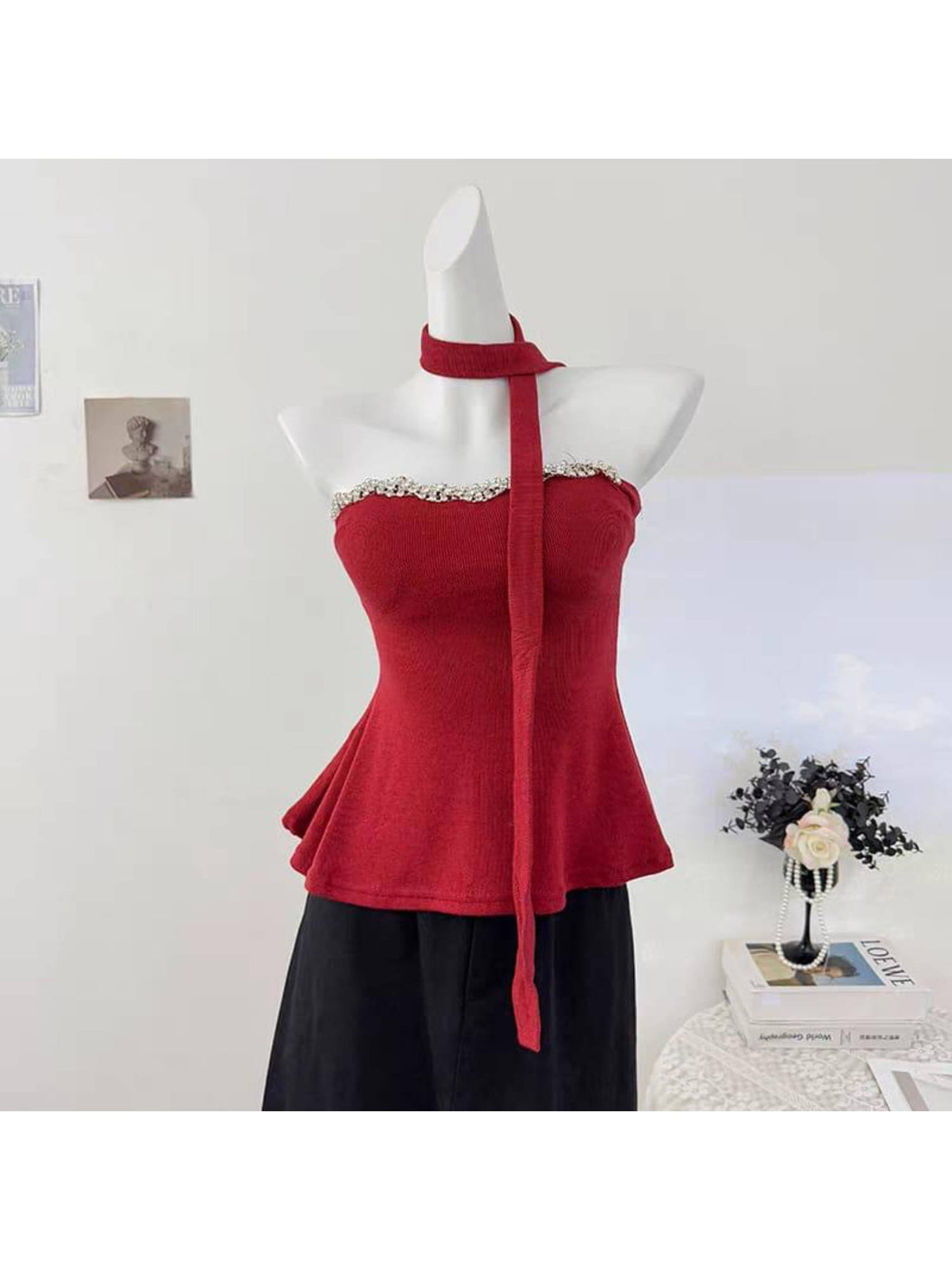 Hazel Padded Top With Scarf Red | TT90 - view 2