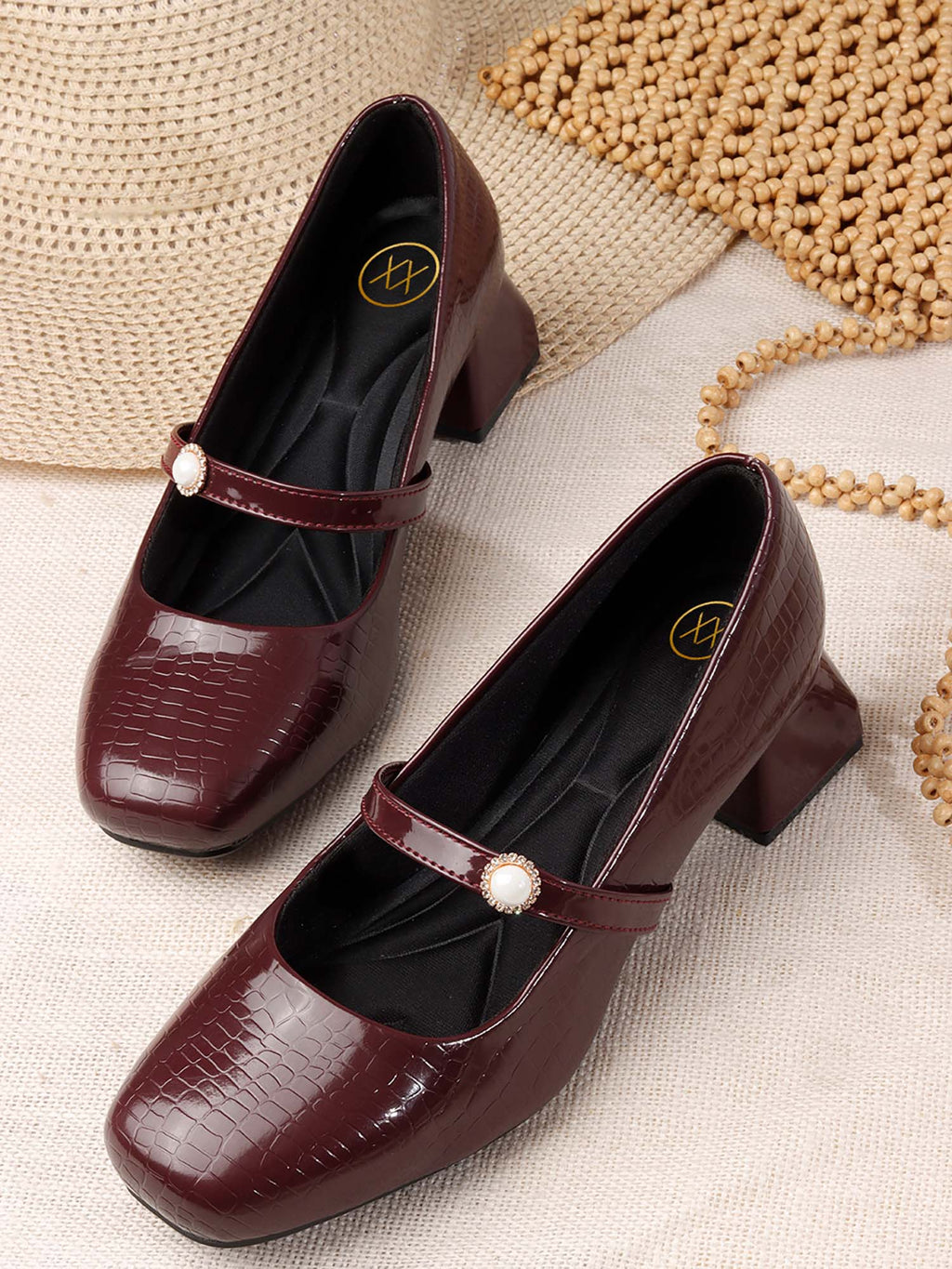 Womens Maroon Pearl Mary Jane Block Heels | H78 - view 2