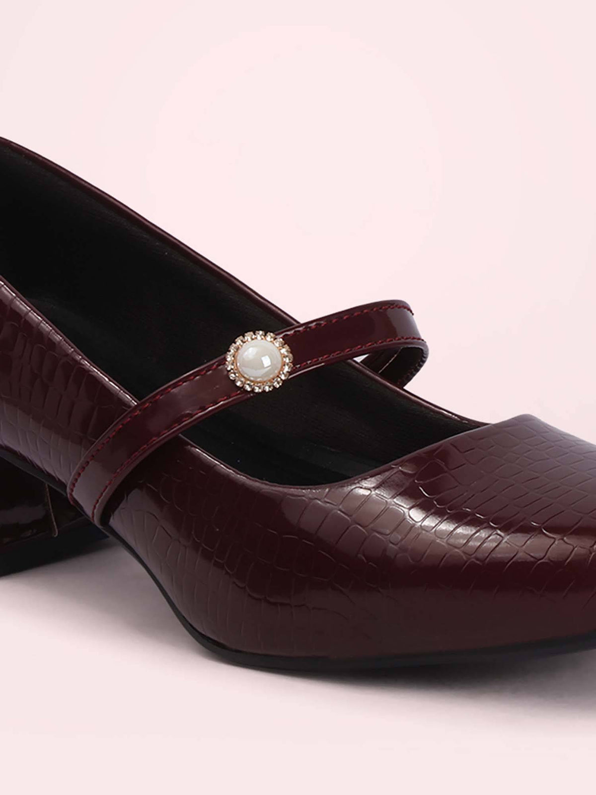Womens Maroon Pearl Mary Jane Block Heels | H78 - view 3