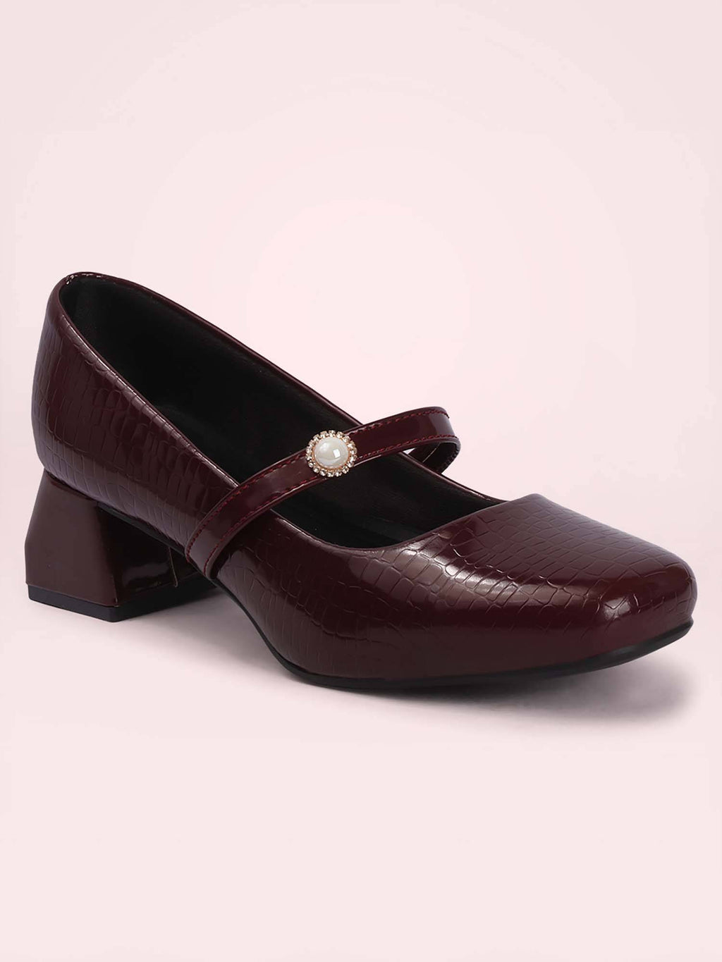 Womens Maroon Pearl Mary Jane Block Heels | H78 - view 4
