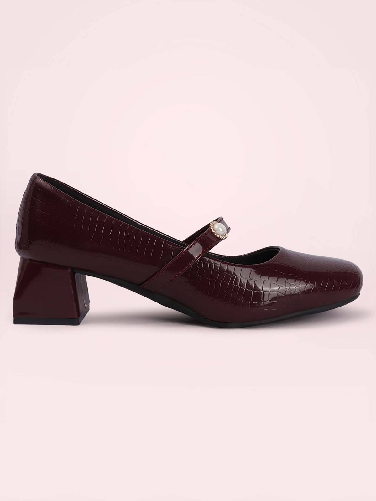Womens Maroon Pearl Mary Jane Block Heels | H78 - view 5
