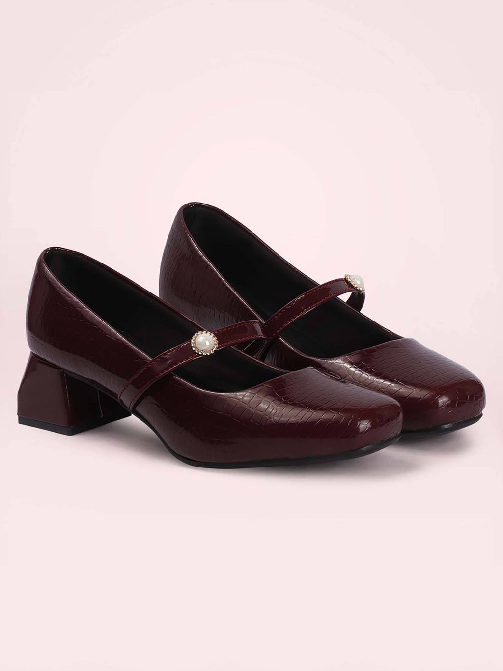 Womens Maroon Pearl Mary Jane Block Heels | H78 - view 7