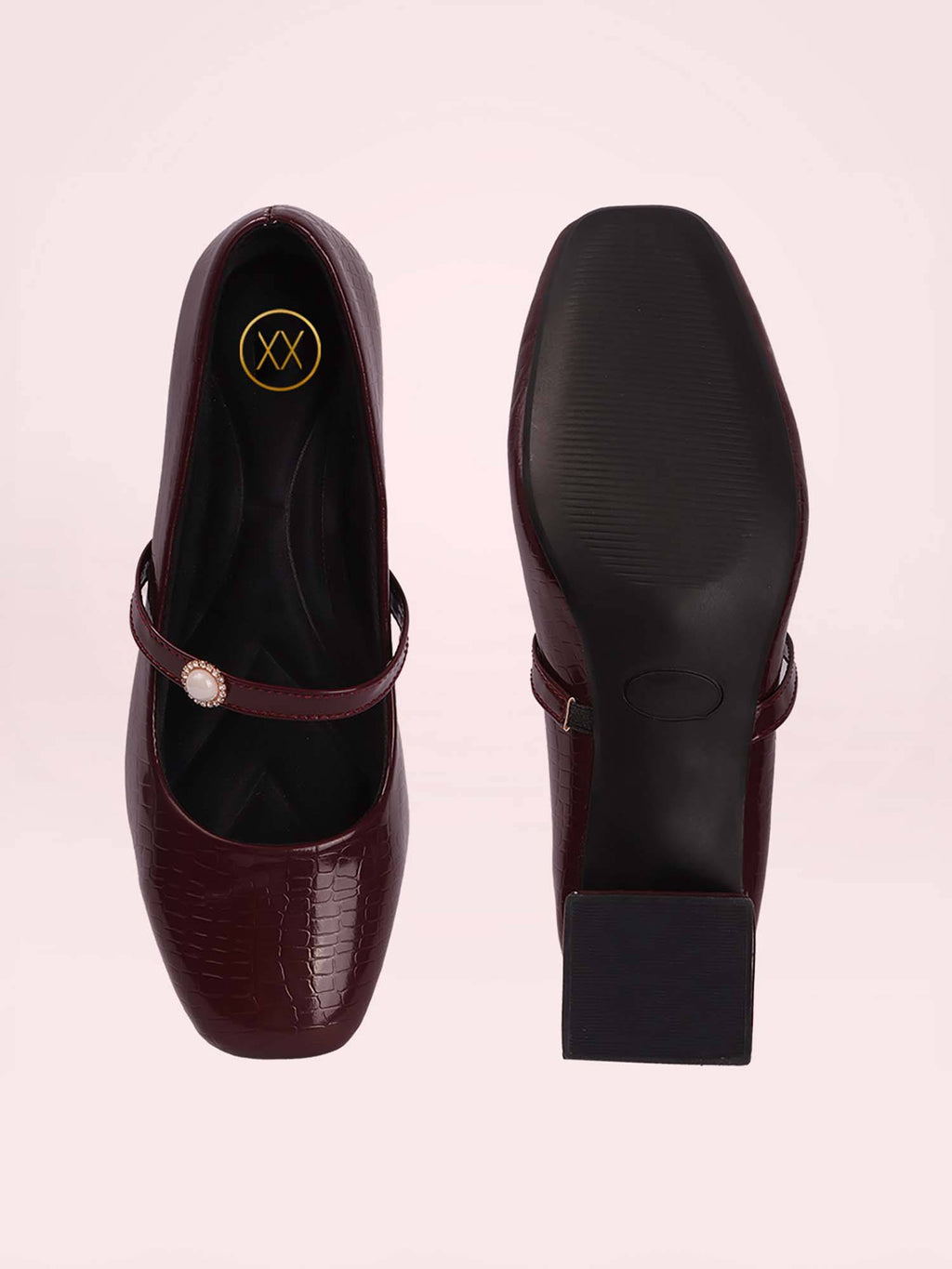 Womens Maroon Pearl Mary Jane Block Heels | H78 - view 8