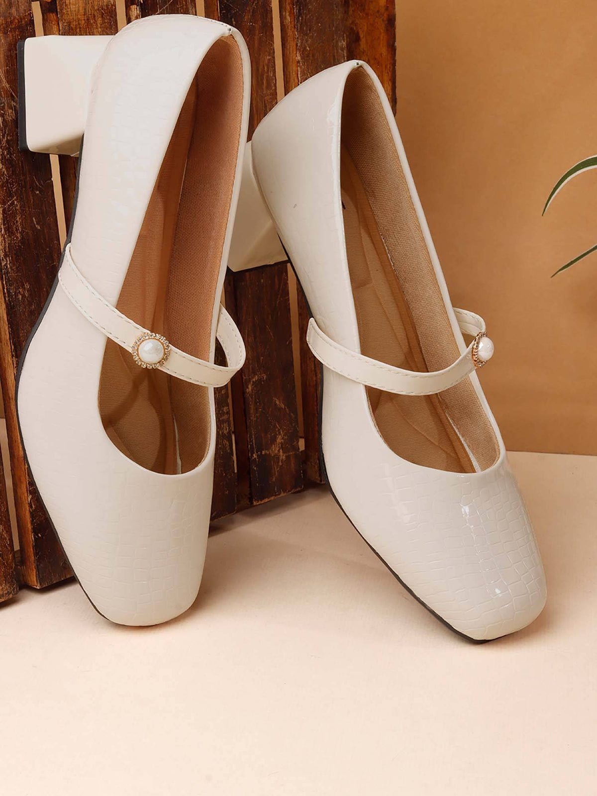 Womens Maroon Pearl Mary Jane Block Heels | H78 - view 18