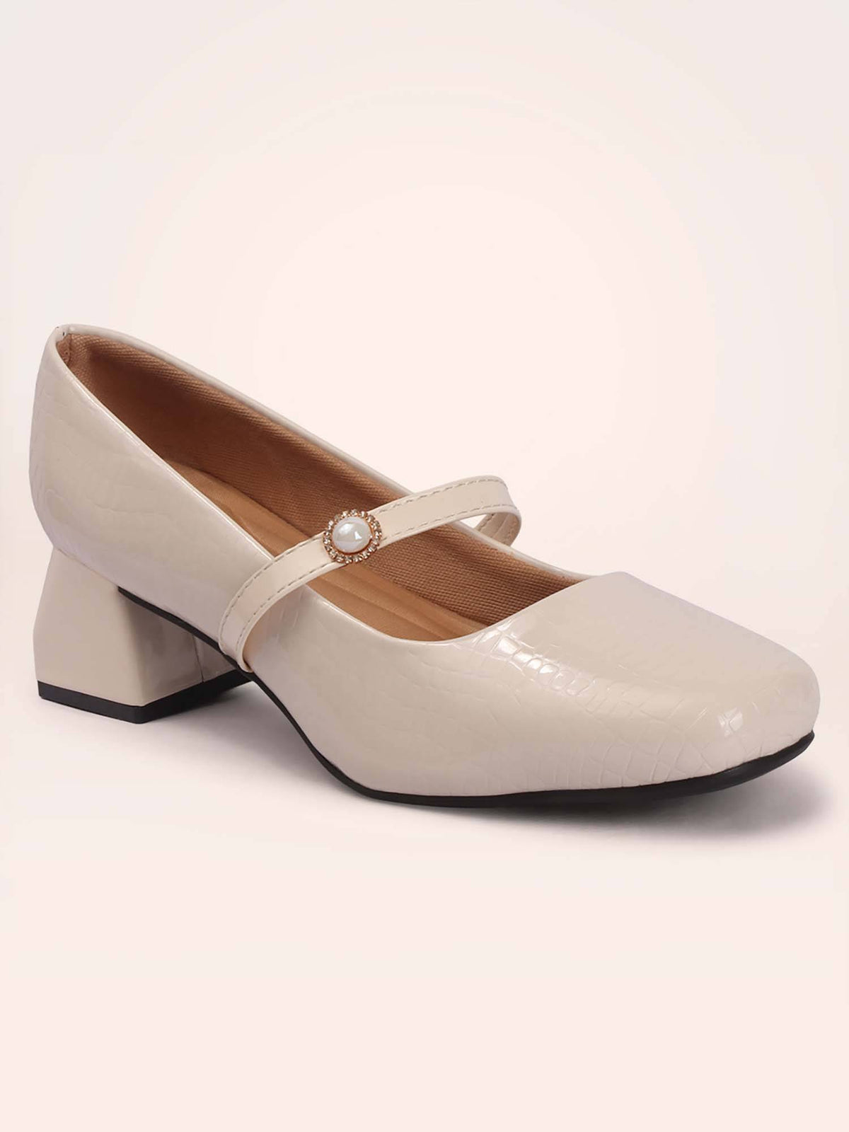 Womens Cream Pearl Mary Jane Block Heels | H78 - view 4