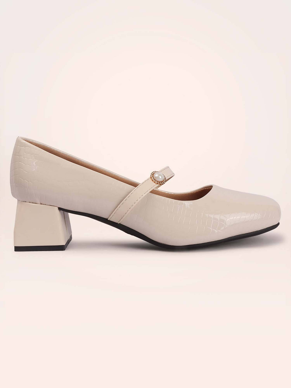 Womens Cream Pearl Mary Jane Block Heels | H78 - view 5