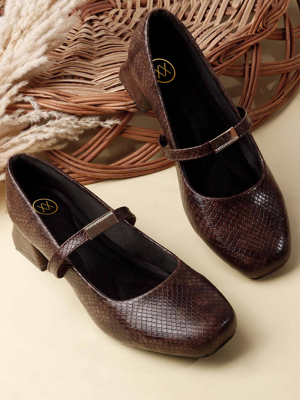Womens Brown Metallic Square Toe Mary Janes Heels | H78 - view 2