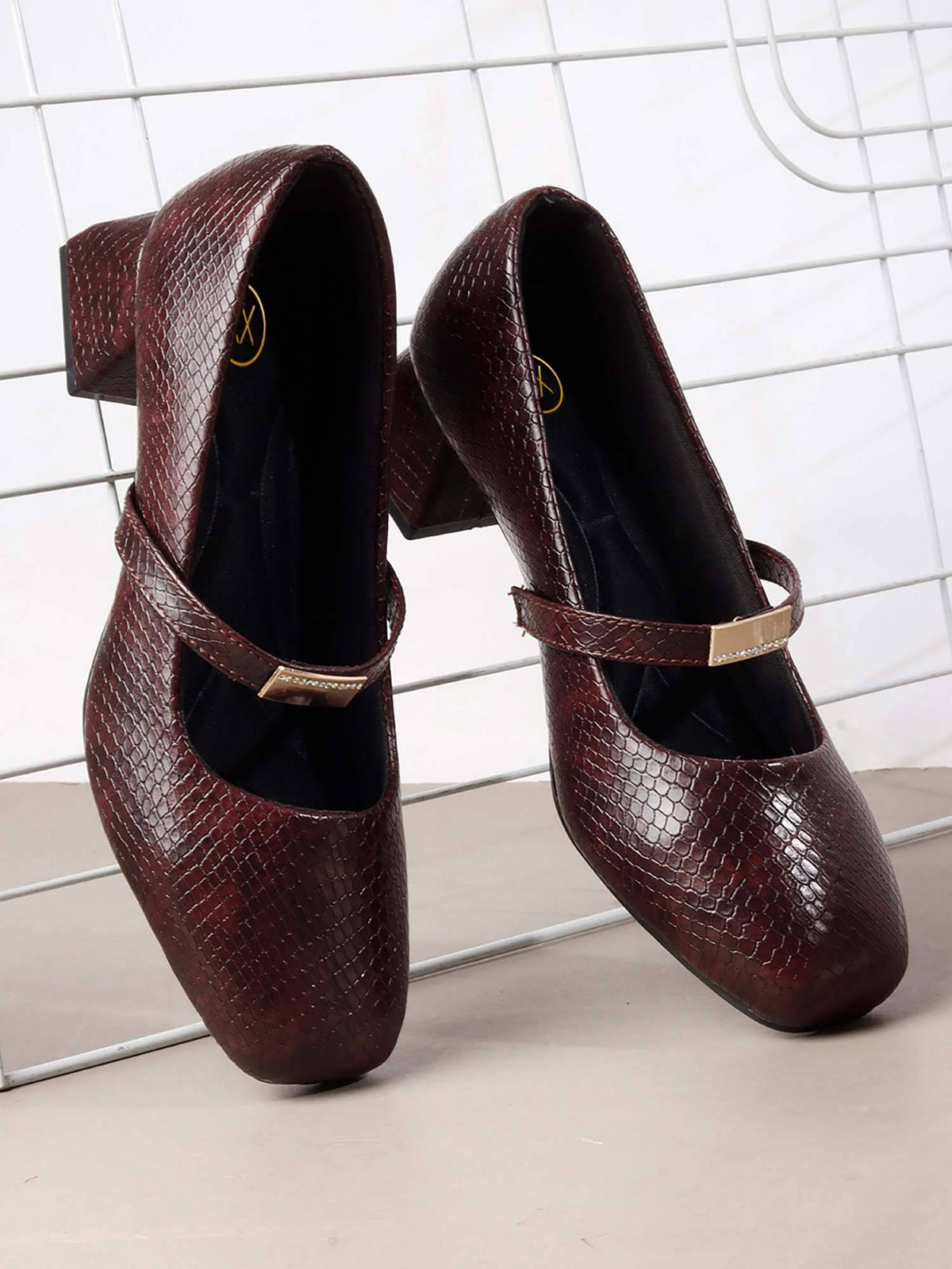 Womens Brown Metallic Square Toe Mary Janes Heels | H78 - view 18