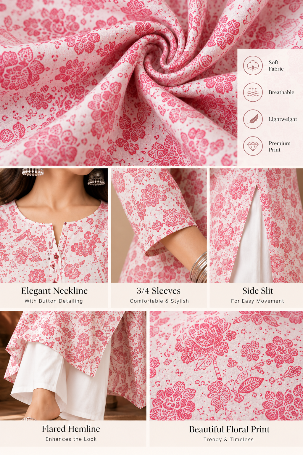 Rose Pink Floral Printed Kurta with White Bottoms