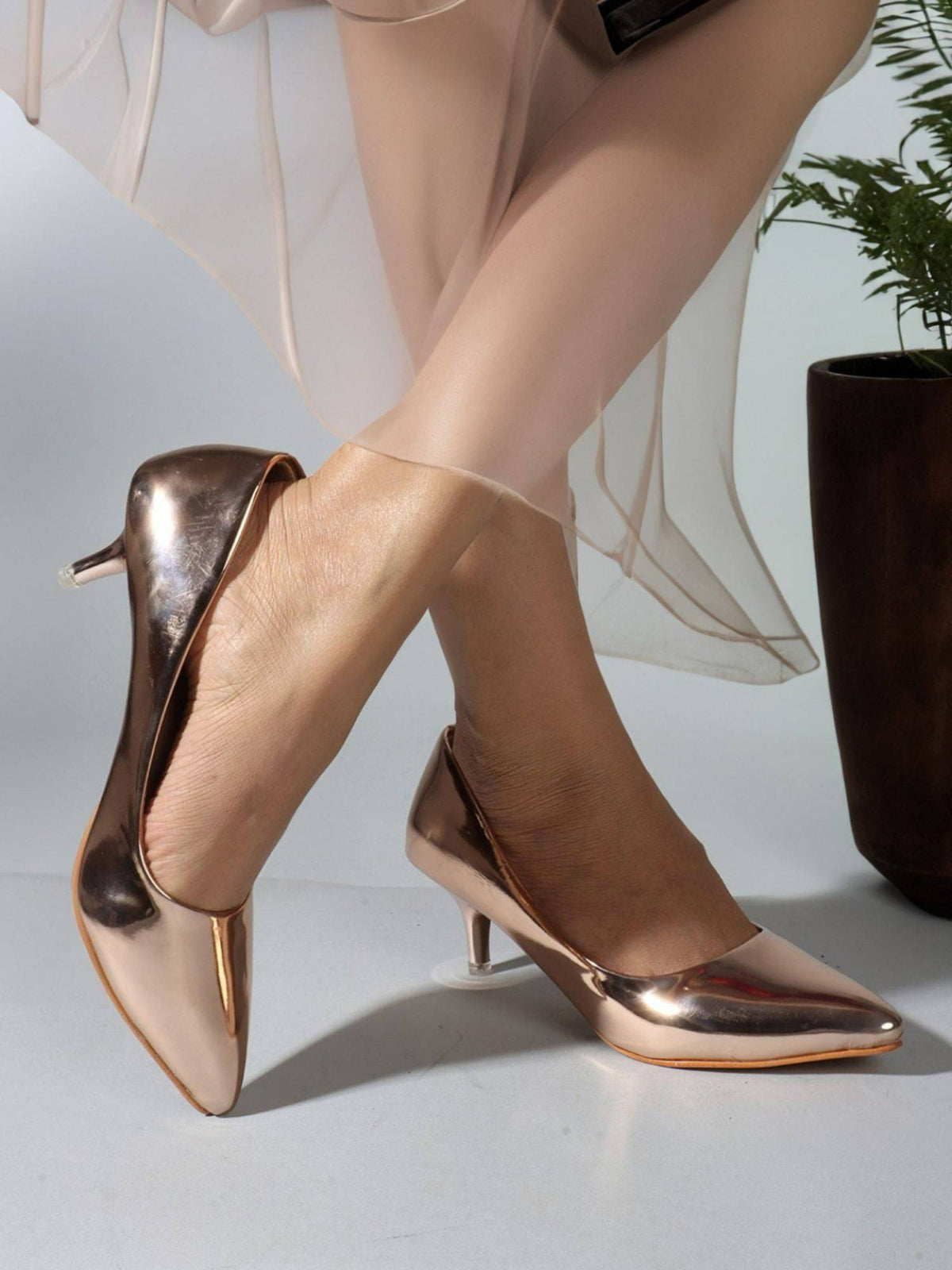 Rose Gold Solid Women Kitten Pumps | H78 - view 2