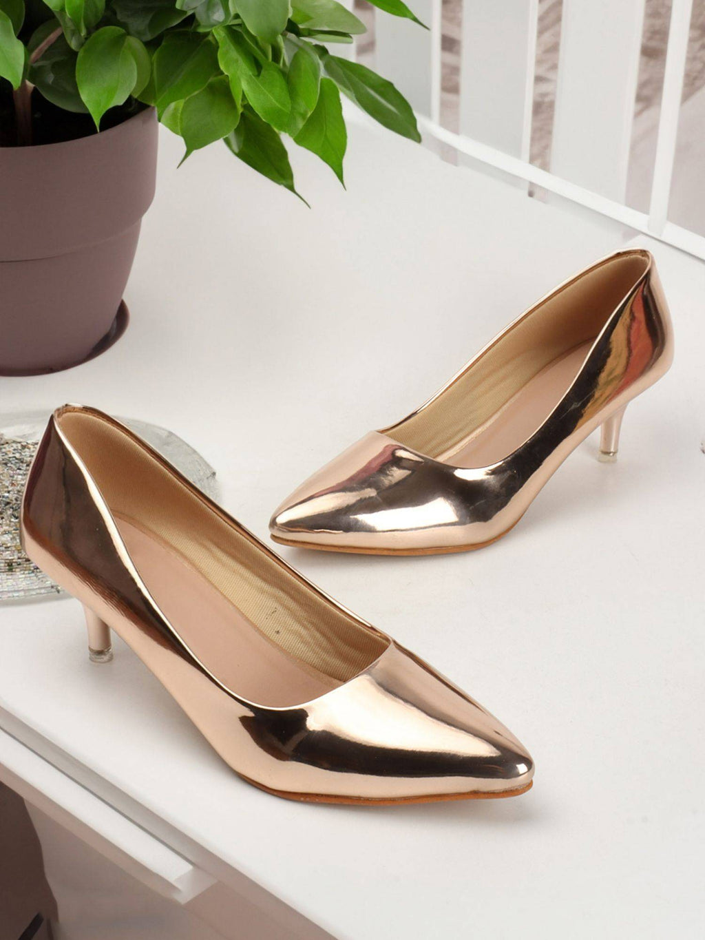 Rose Gold Solid Women Kitten Pumps | H78 - view 3